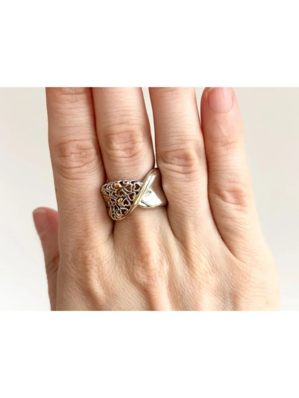 Dual Toned Gold Overlay Heart Crossover Sterling Silver 925 Vintage Ring sz 7.25